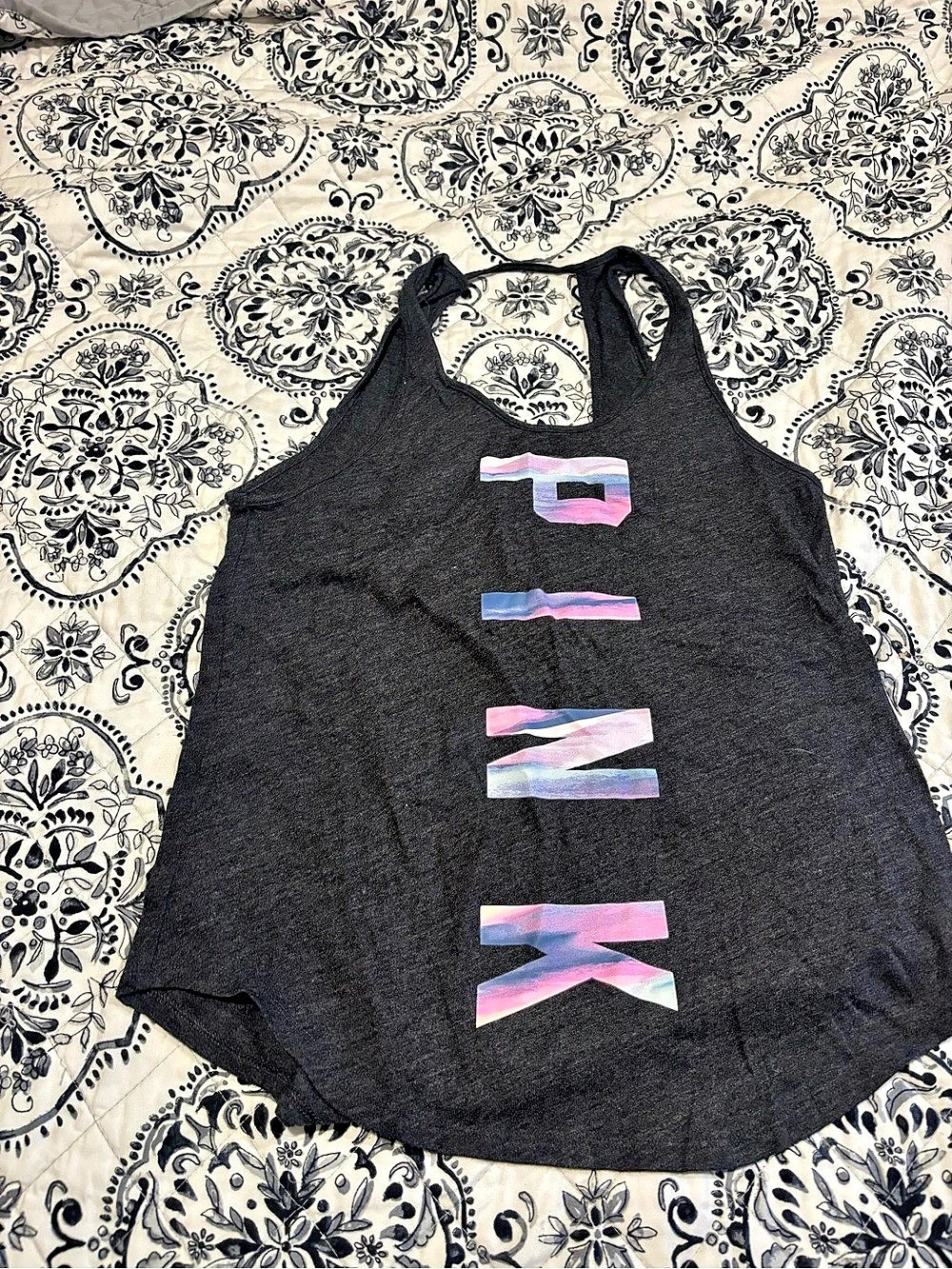 PINK Graphic Racerback Tank in Black